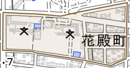 花殿町とその周辺の地図。町の範囲を重ねている
