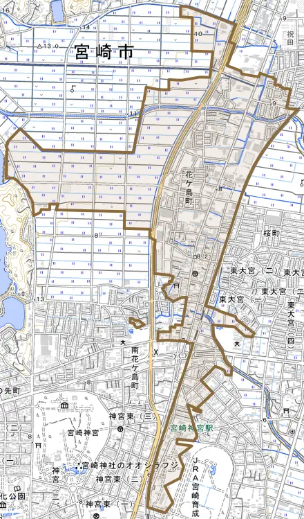 花ケ島町とその周辺の地図。町の範囲を重ねている