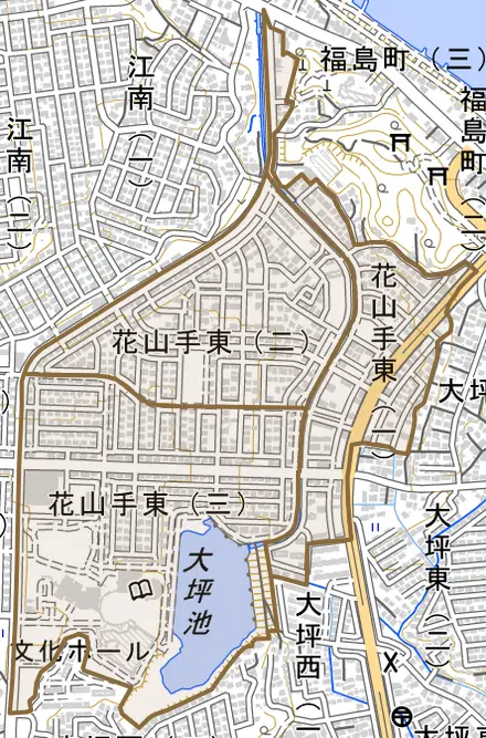 花山手東とその周辺の地図。町の範囲を重ねている