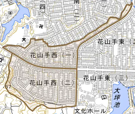 花山手西とその周辺の地図。町の範囲を重ねている