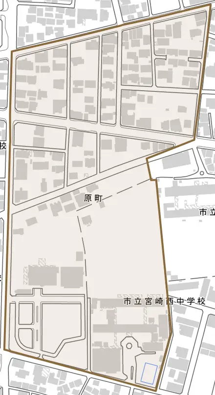 原町とその周辺の地図。町の範囲を重ねている