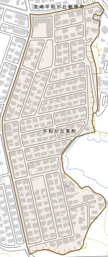 平和が丘東町とその周辺の地図。町の範囲を重ねている
