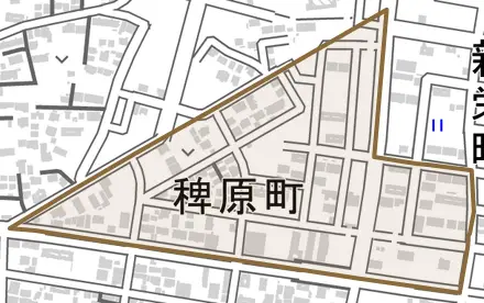 稗原町とその周辺の地図。町の範囲を重ねている