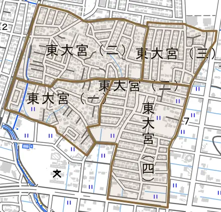 東大宮とその周辺の地図。町の範囲を重ねている
