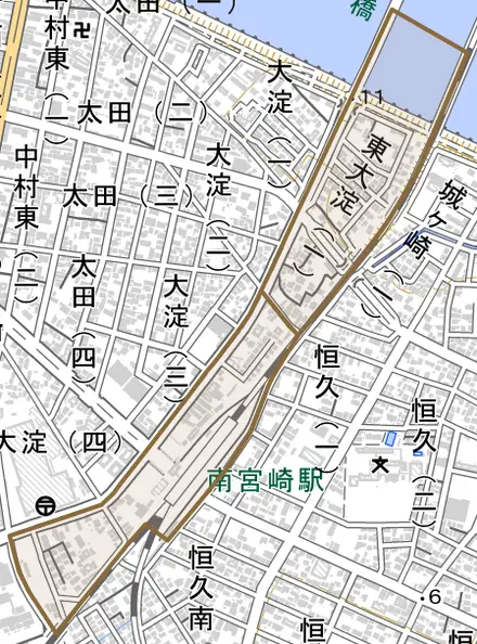 東大淀とその周辺の地図。町の範囲を重ねている