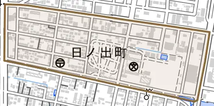 日ノ出町とその周辺の地図。町の範囲を重ねている