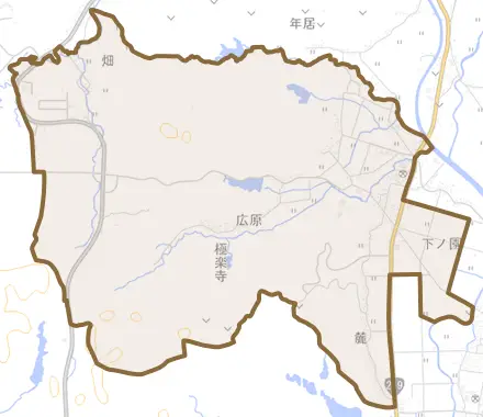 大字広原とその周辺の地図。町の範囲を重ねている