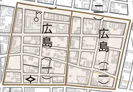 広島とその周辺の地図。町の範囲を重ねている