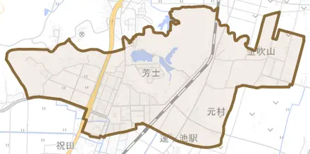大字芳士とその周辺の地図。町の範囲を重ねている