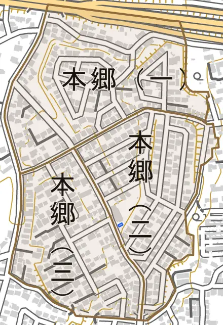 本郷とその周辺の地図。町の範囲を重ねている