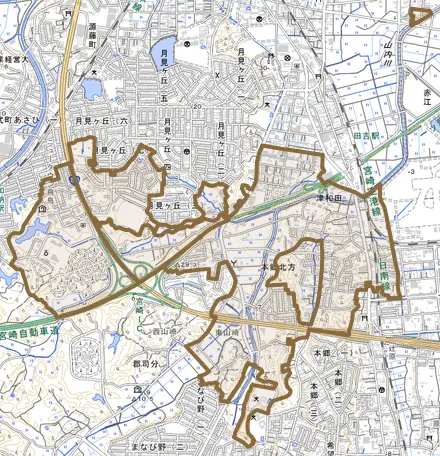 大字本郷北方とその周辺の地図。町の範囲を重ねている