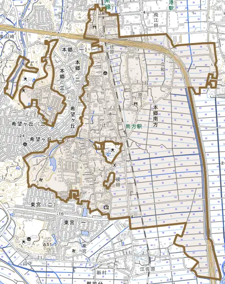 大字本郷南方とその周辺の地図。町の範囲を重ねている