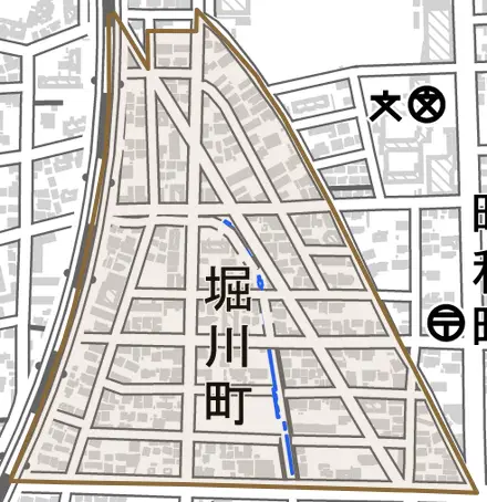 堀川町とその周辺の地図。町の範囲を重ねている