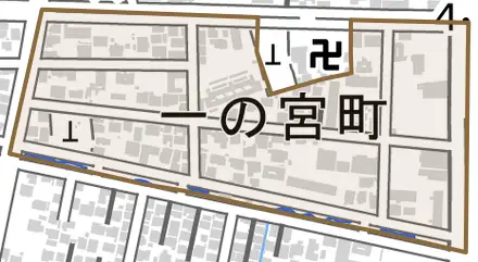 一の宮町とその周辺の地図。町の範囲を重ねている
