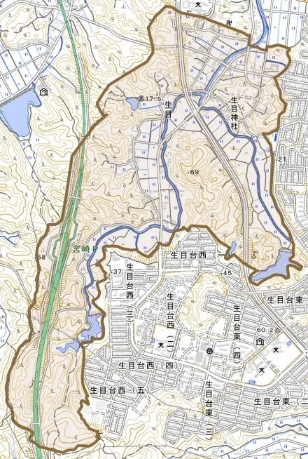 大字生目とその周辺の地図。町の範囲を重ねている