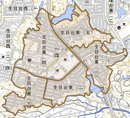 生目台東とその周辺の地図。町の範囲を重ねている
