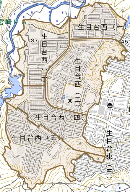 生目台西とその周辺の地図。町の範囲を重ねている