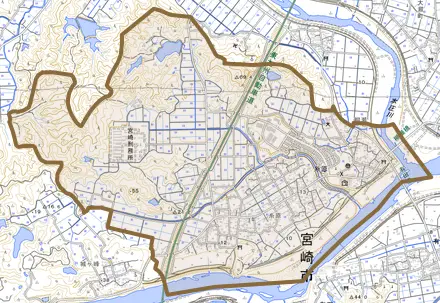 大字糸原とその周辺の地図。町の範囲を重ねている