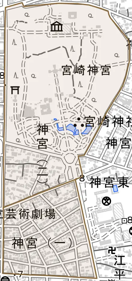 神宮とその周辺の地図。町の範囲を重ねている
