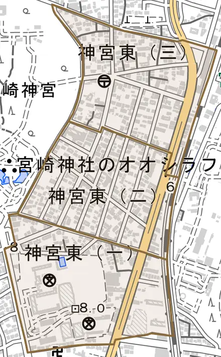 神宮東とその周辺の地図。町の範囲を重ねている