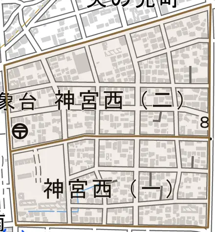 神宮西とその周辺の地図。町の範囲を重ねている