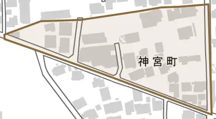神宮町とその周辺の地図。町の範囲を重ねている