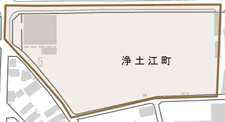 浄土江町とその周辺の地図。町の範囲を重ねている