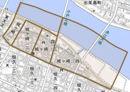 城ケ崎とその周辺の地図。町の範囲を重ねている