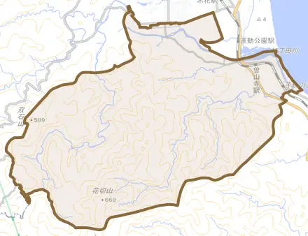 大字加江田とその周辺の地図。町の範囲を重ねている