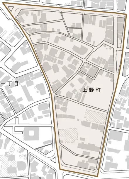 上野町とその周辺の地図。町の範囲を重ねている