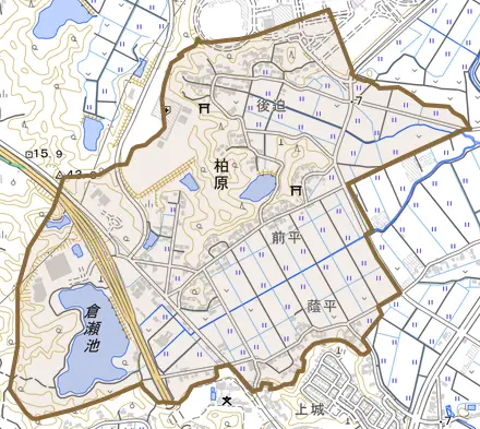大字柏原とその周辺の地図。町の範囲を重ねている