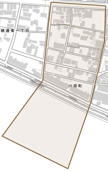 川原町とその周辺の地図。町の範囲を重ねている