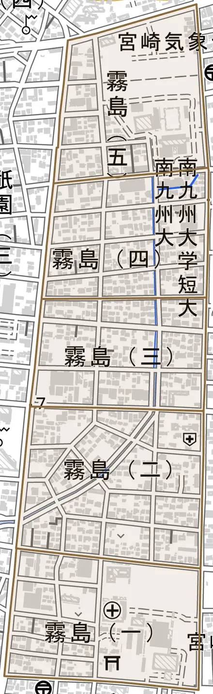 霧島とその周辺の地図。町の範囲を重ねている