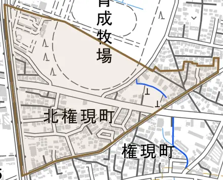 北権現町とその周辺の地図。町の範囲を重ねている