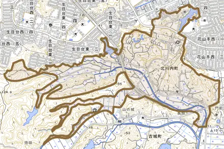 北川内町とその周辺の地図。町の範囲を重ねている