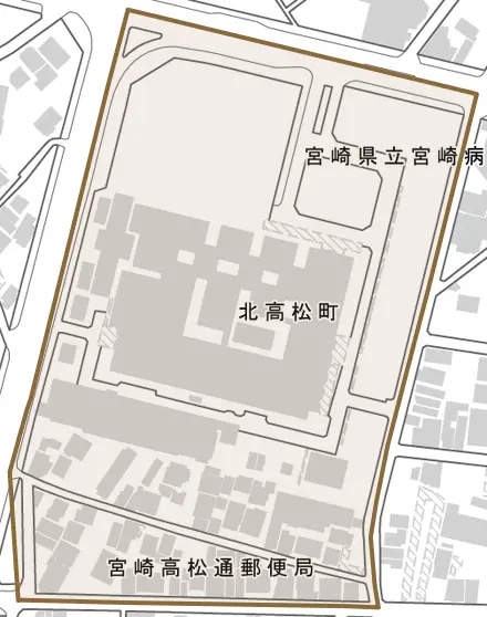 北高松町とその周辺の地図。町の範囲を重ねている