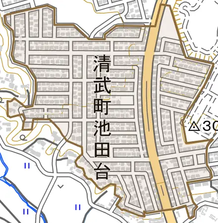 清武町池田台とその周辺の地図。町の範囲を重ねている