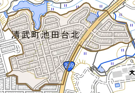 清武町池田台北とその周辺の地図。町の範囲を重ねている