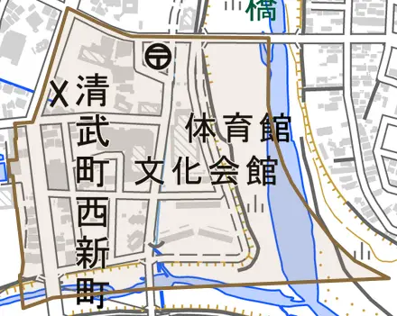 清武町西新町とその周辺の地図。町の範囲を重ねている