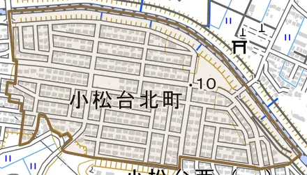 小松台北町とその周辺の地図。町の範囲を重ねている