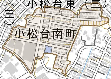 小松台南町とその周辺の地図。町の範囲を重ねている