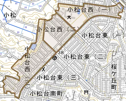 小松台西とその周辺の地図。町の範囲を重ねている