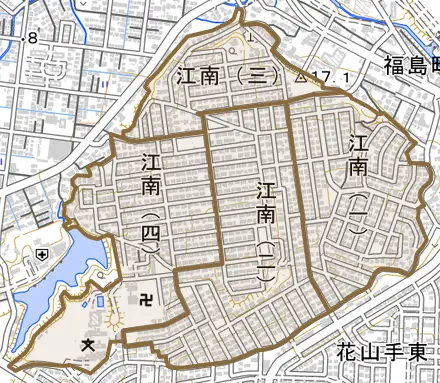 江南とその周辺の地図。町の範囲を重ねている