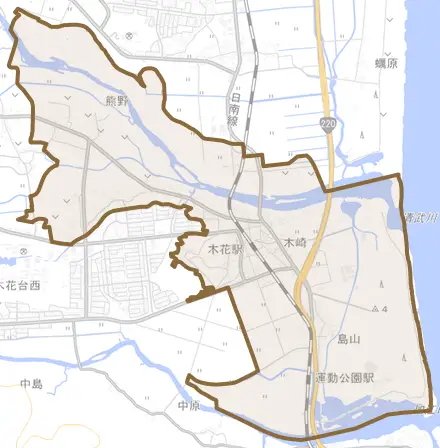 大字熊野とその周辺の地図。町の範囲を重ねている