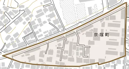 京塚町とその周辺の地図。町の範囲を重ねている