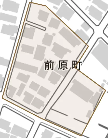 前原町とその周辺の地図。町の範囲を重ねている
