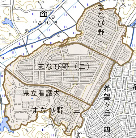 まなび野とその周辺の地図。町の範囲を重ねている