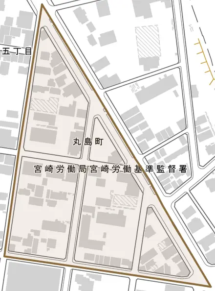 丸島町とその周辺の地図。町の範囲を重ねている