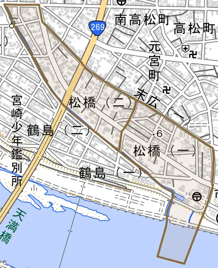 松橋とその周辺の地図。町の範囲を重ねている