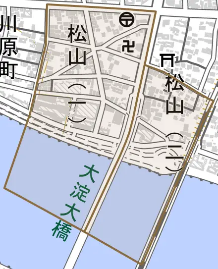 松山とその周辺の地図。町の範囲を重ねている